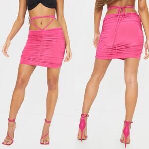 NWT PrettyLittleThing Hot Pink Slinky Tie-Waist Mini Skirt Womens 0 Bimbocore